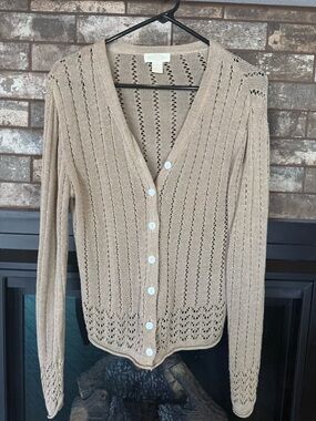 Lightweight Tan Openwork V-Neck Button Cardigan